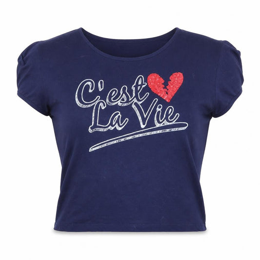 LOOK Women's Blue Size 14 Cropped Sequin Slogan T-Shirt