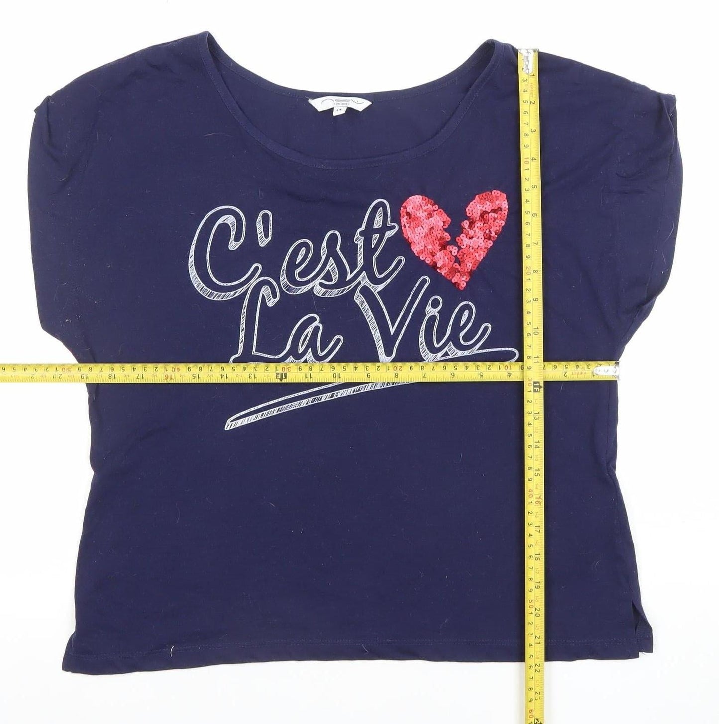 LOOK Women's Blue Size 14 Cropped Sequin Slogan T-Shirt
