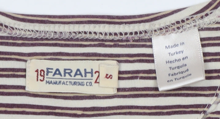 Farah Men's Beige and Brown Striped Crew Neck Cotton T-Shirt XS