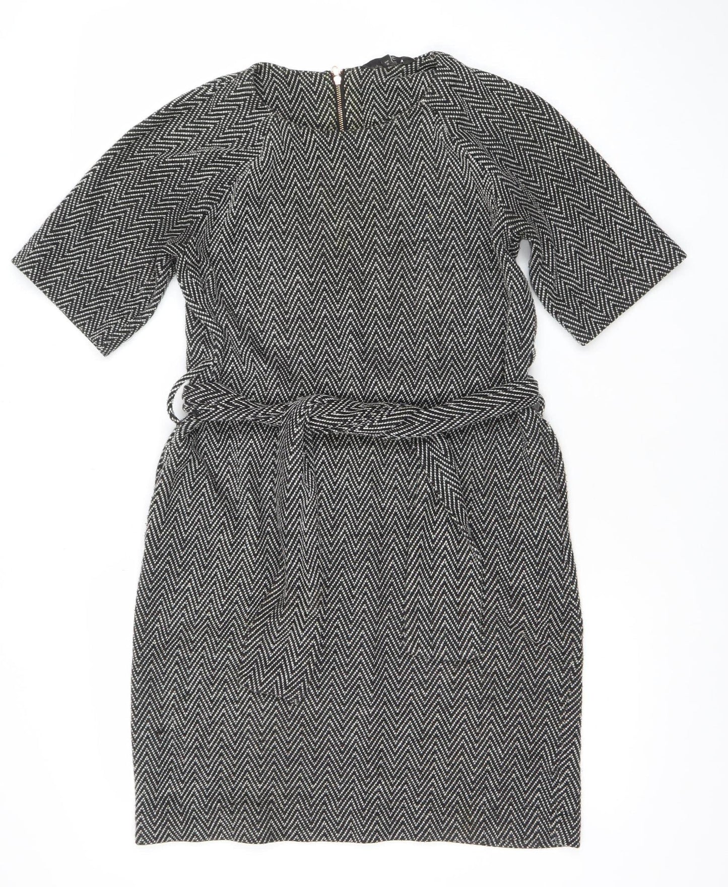 Next Women Black Chevron Belted Shift Dress Size 8 3/4 Sleeve Workwear