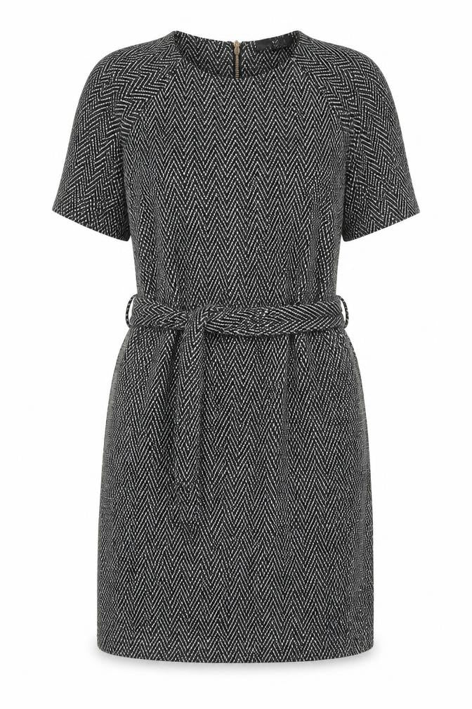 Next Women Black Chevron Belted Shift Dress Size 8 3/4 Sleeve Workwear