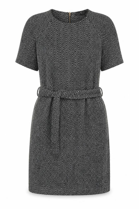 Next Women Black Chevron Belted Shift Dress Size 8 3/4 Sleeve Workwear