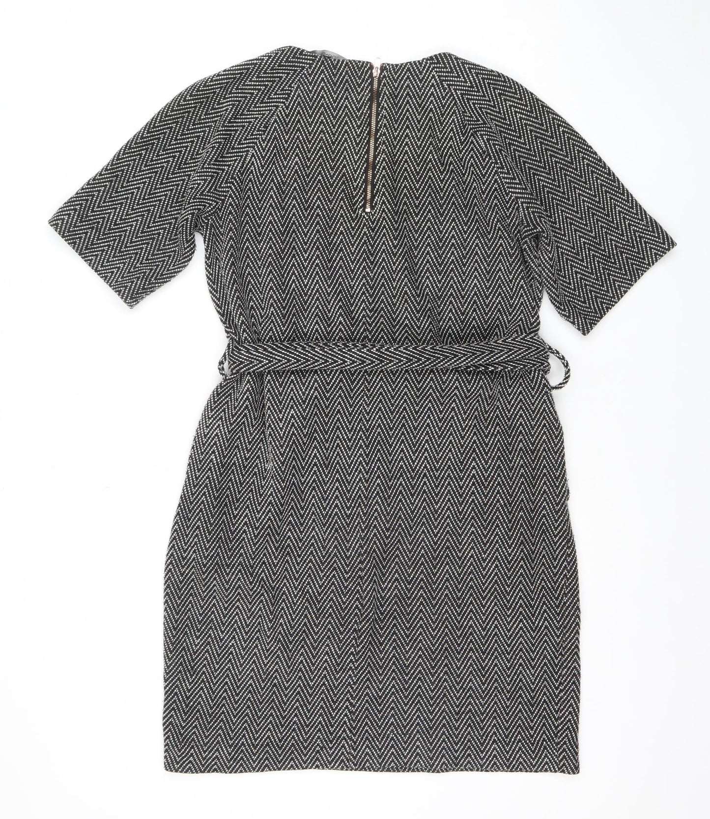 Next Women Black Chevron Belted Shift Dress Size 8 3/4 Sleeve Workwear