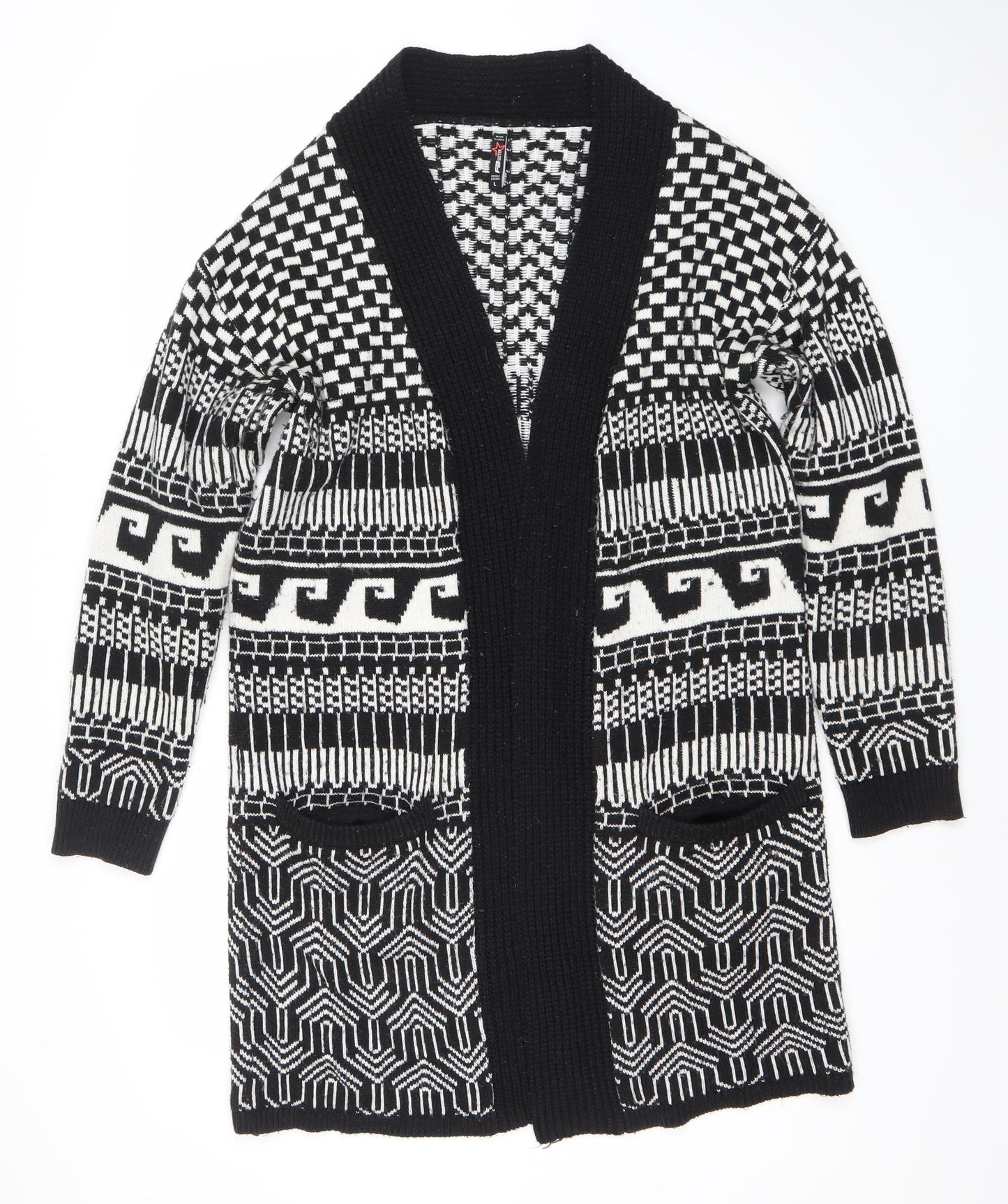 FB Sister Womens Black L Open Knit Geometric Long Cardigan