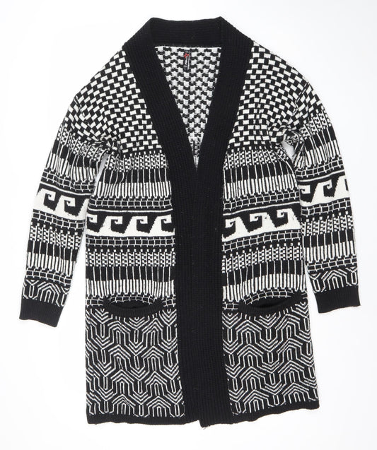 FB Sister Womens Black L Open Knit Geometric Long Cardigan