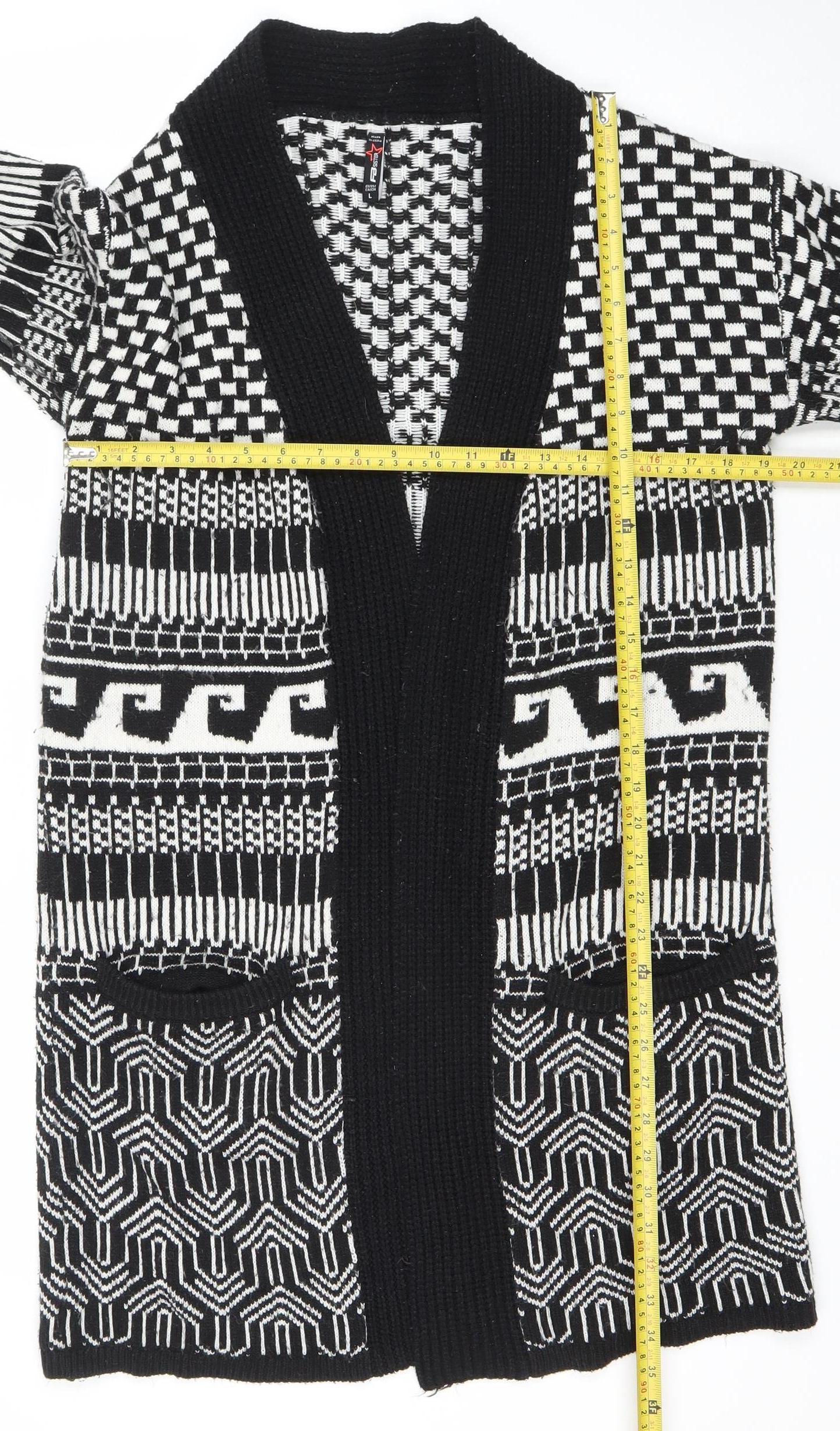 FB Sister Womens Black L Open Knit Geometric Long Cardigan