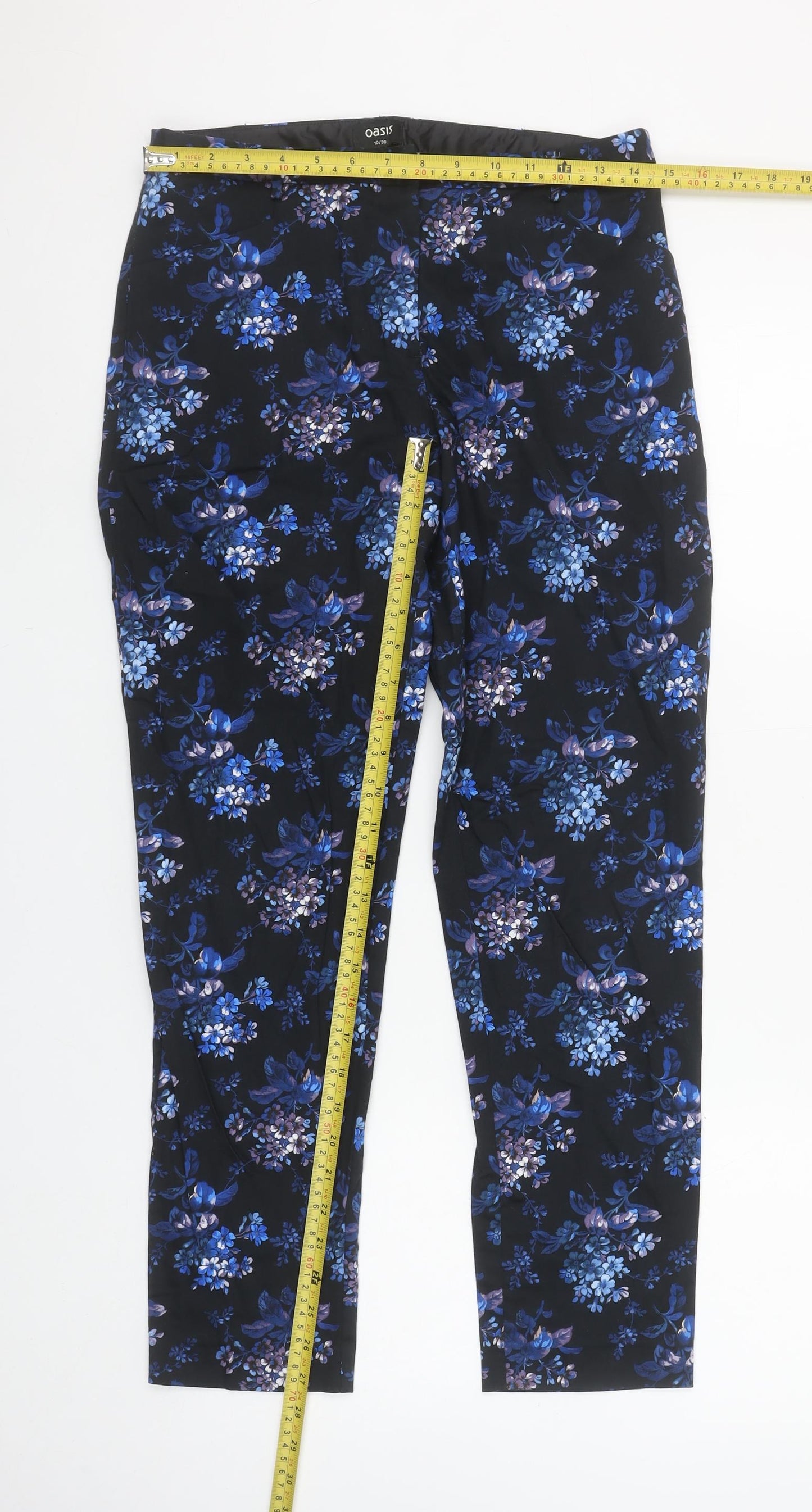 Oasis Women's Blue Floral Cotton Blend Slim Trousers Size 10
