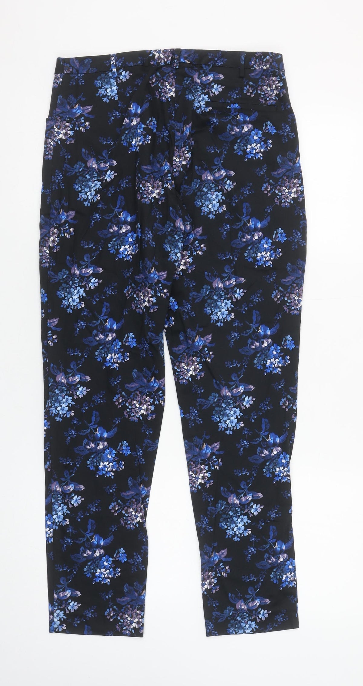 Oasis Women's Blue Floral Cotton Blend Slim Trousers Size 10