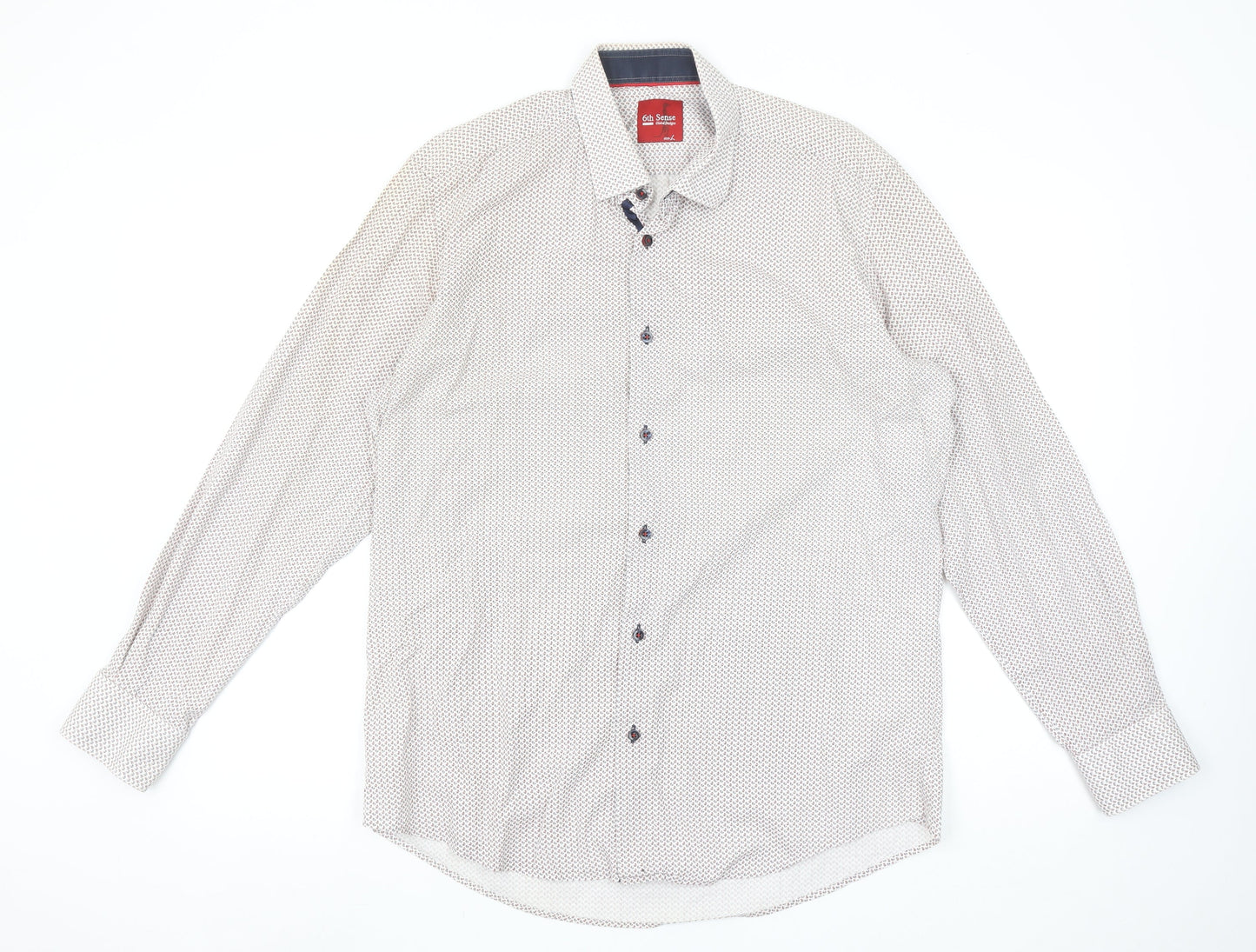 6th Sense Men's Beige Patterned Long Sleeve Cotton Button-Up Shirt L