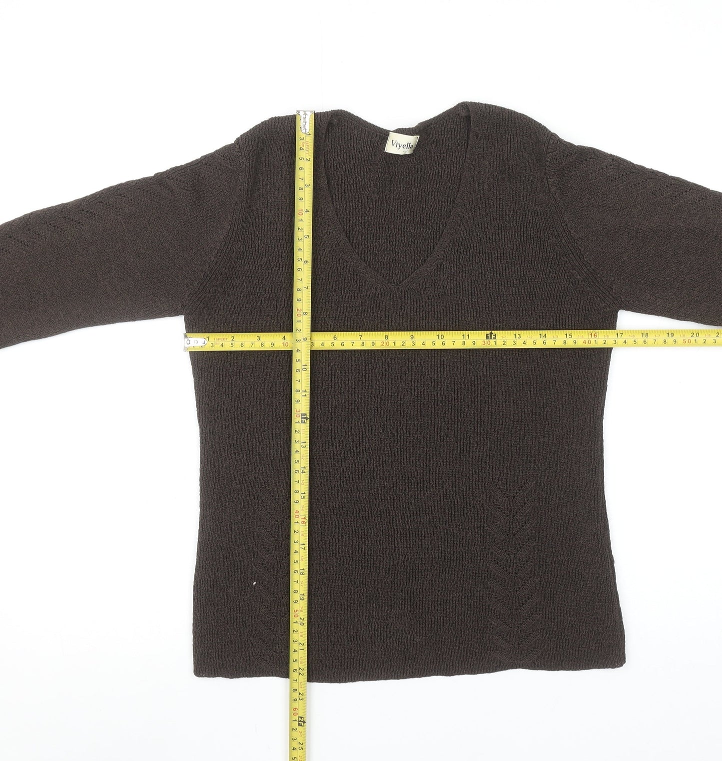 Viyella Women Brown V-Neck Long Sleeve Knit Pullover Jumper M