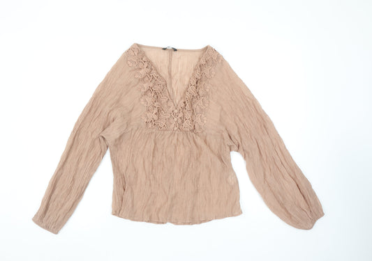 Zara Womens Beige Bohemian V-Neck Crochet Long Sleeve Blouse M