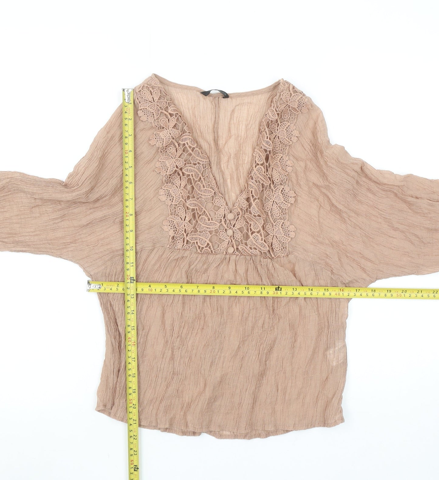 Zara Womens Beige Bohemian V-Neck Crochet Long Sleeve Blouse M