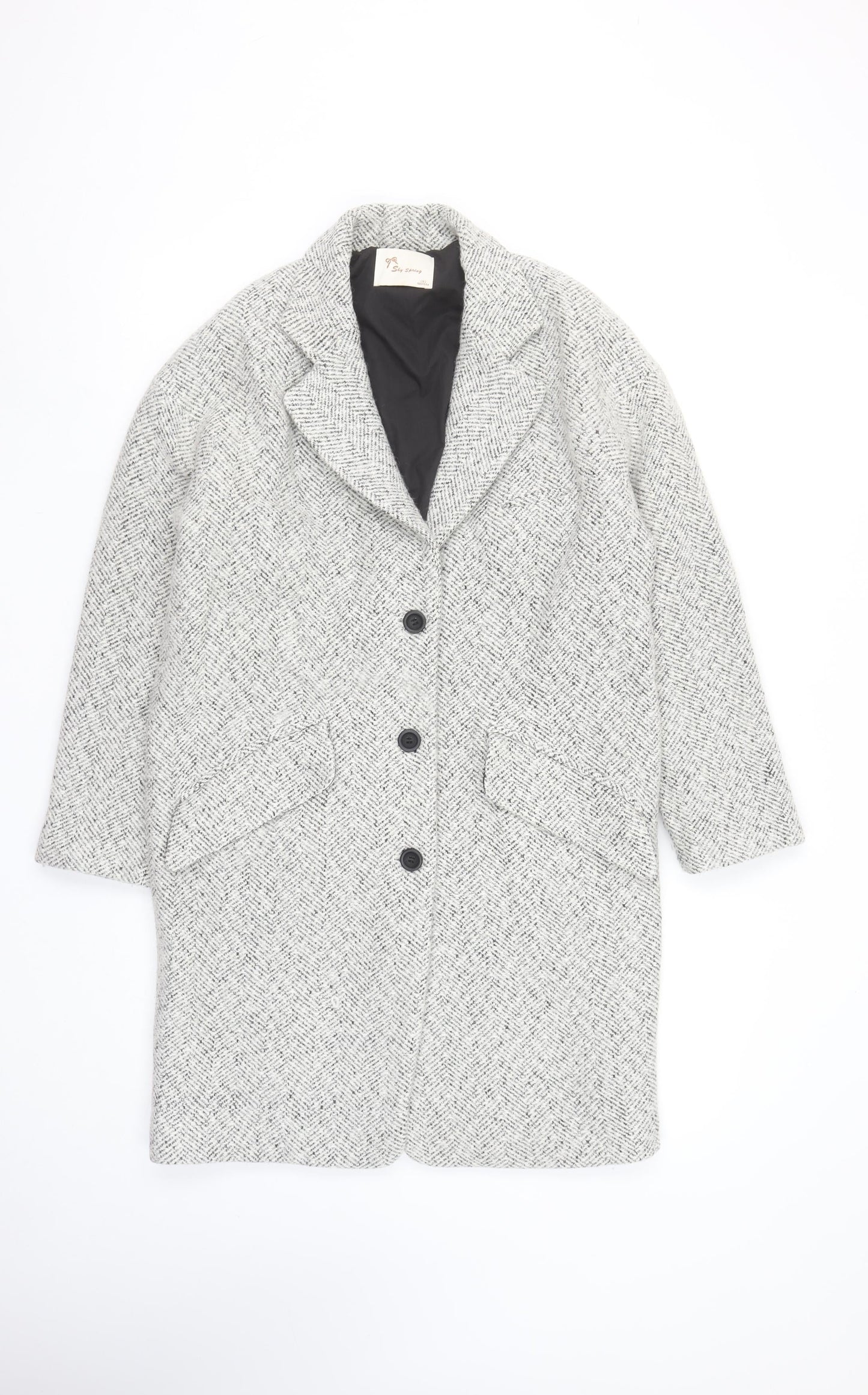 Shy Spring Womens Grey Herringbone Wool Blend Long Overcoat Size 8