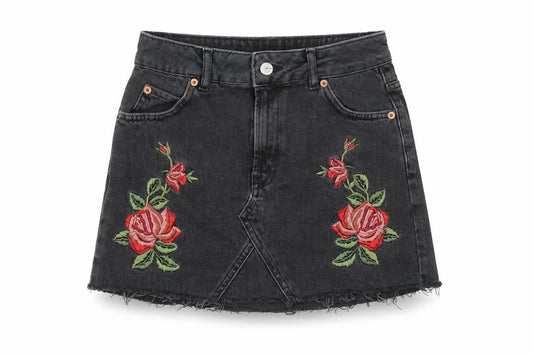 Topshop Women Black Embroidered Floral Mini Denim Skirt Size 8 Petite