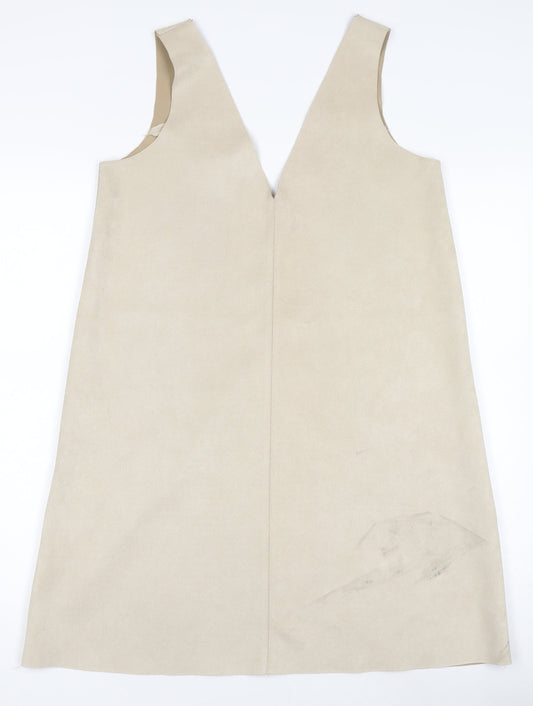 Zara Women Beige Pinafore Dress M Sleeveless V-Neck Suede Look