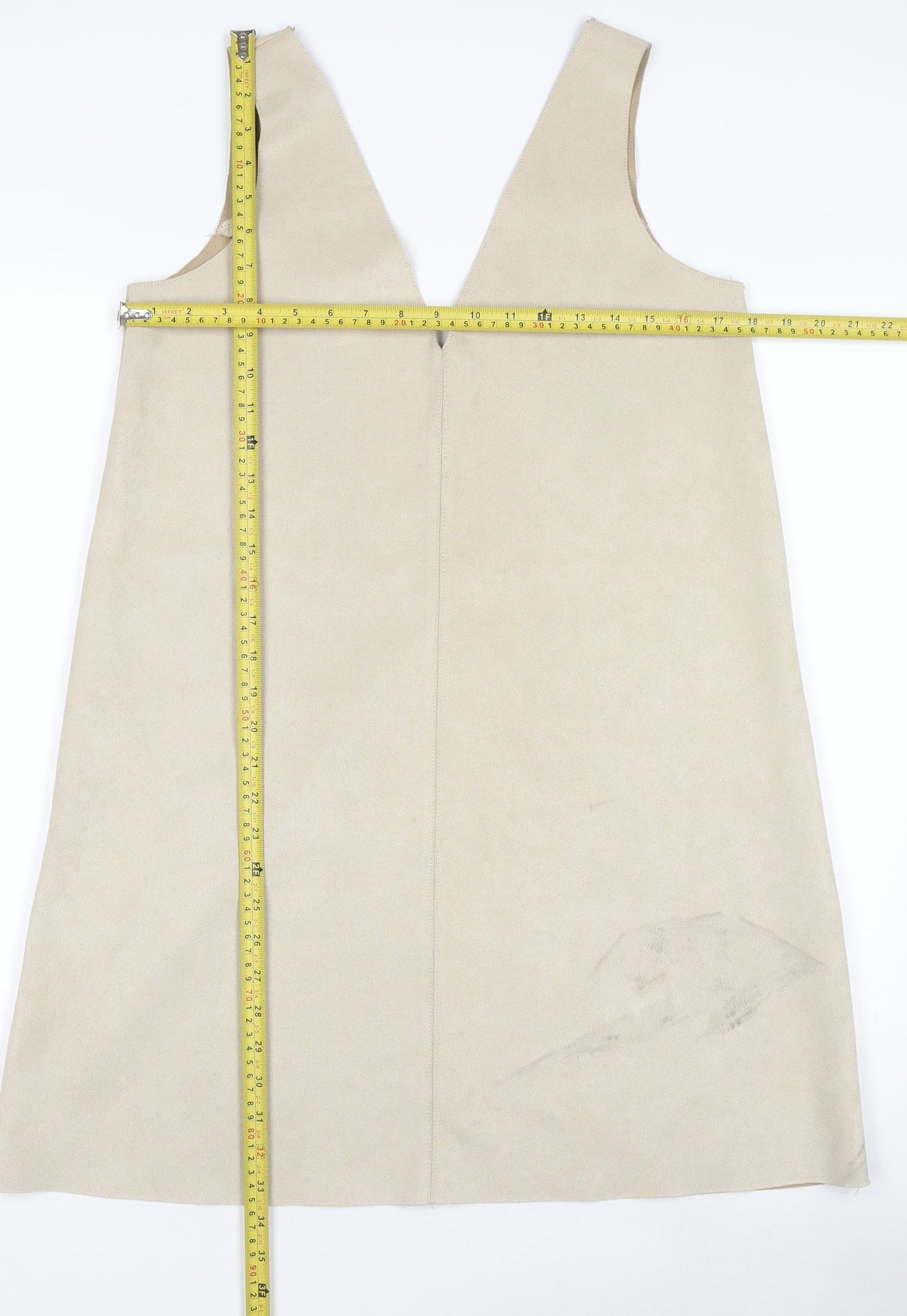 Zara Women Beige Pinafore Dress M Sleeveless V-Neck Suede Look