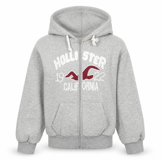 Front view of Hollister boys’ grey zip hoodie jacket, size M, cotton lined casual