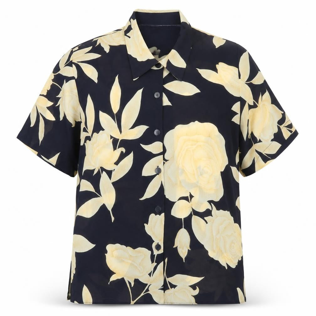 Givoni Women Black Floral Button-Up Short Sleeve Shirt M