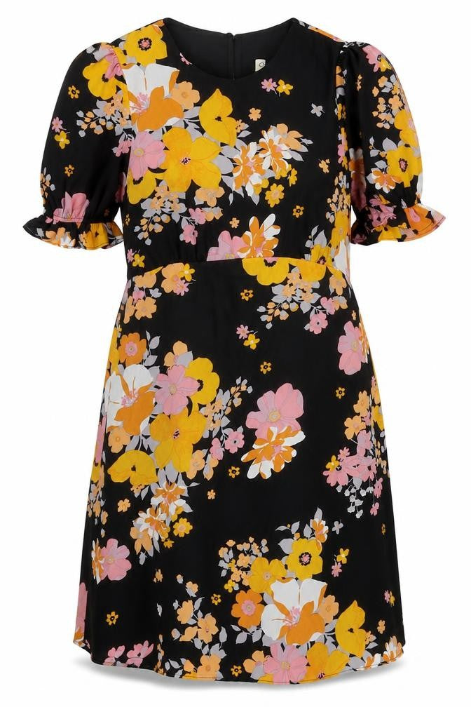 Women's Multicoloured Floral Fit & Flare Dress Size 14 Puff Sleeve