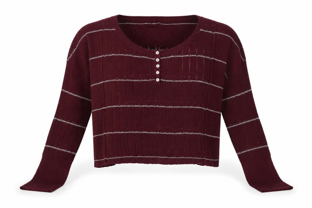 Women's Red Striped Henley Knit Jumper Long Sleeve Size M