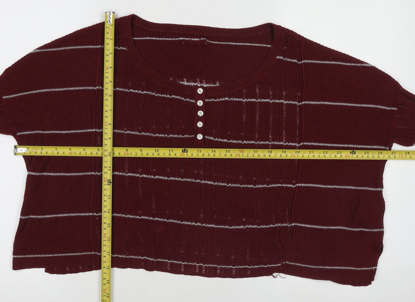 Women's Red Striped Henley Knit Jumper Long Sleeve Size M