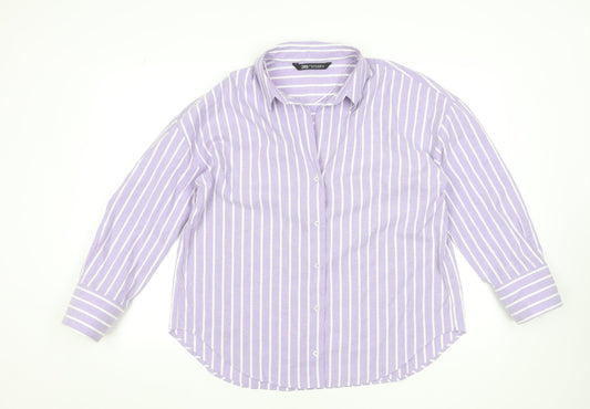 ZARA Women's Purple Striped Button-Up Shirt Size 12 Long Sleeve