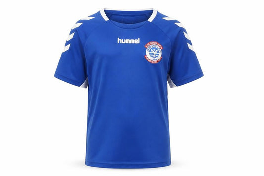 Front view of Hummel boys’ blue football jersey top 12 years lightweight sports tee