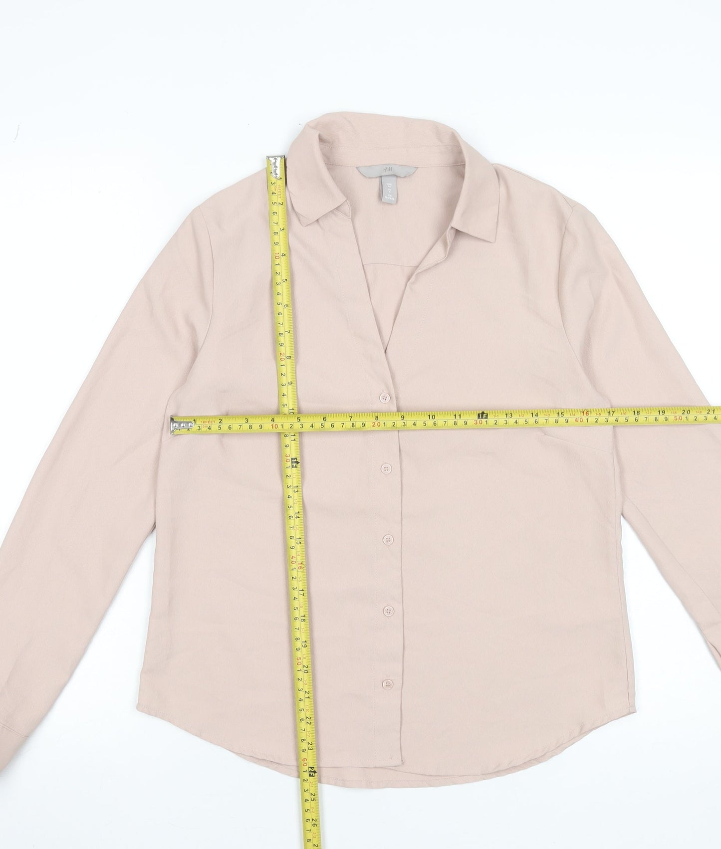 H&M Women Beige Long Sleeve Button-Up Blouse Size 8 Classic Fit