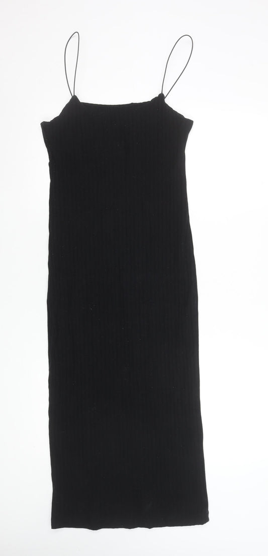 Zara Women Black Bodycon Knit Midi Dress Size 14 Cotton Blend