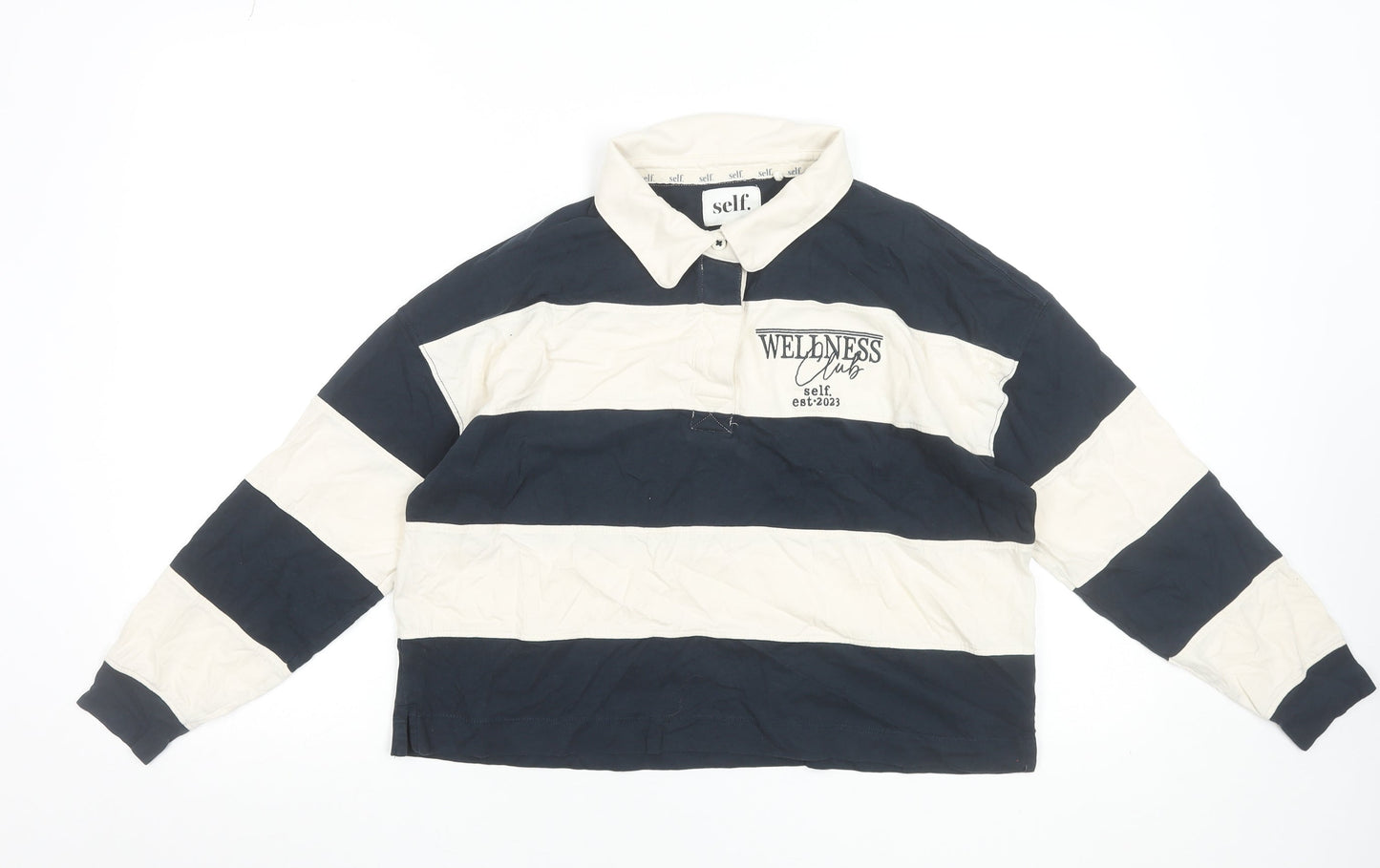 self. Women Blue Striped Collared Long Sleeve Cropped Polo Top Size 10
