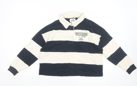 self. Women Blue Striped Collared Long Sleeve Cropped Polo Top Size 10