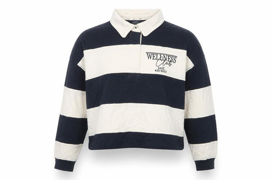 self. Women Blue Striped Collared Long Sleeve Cropped Polo Top Size 10