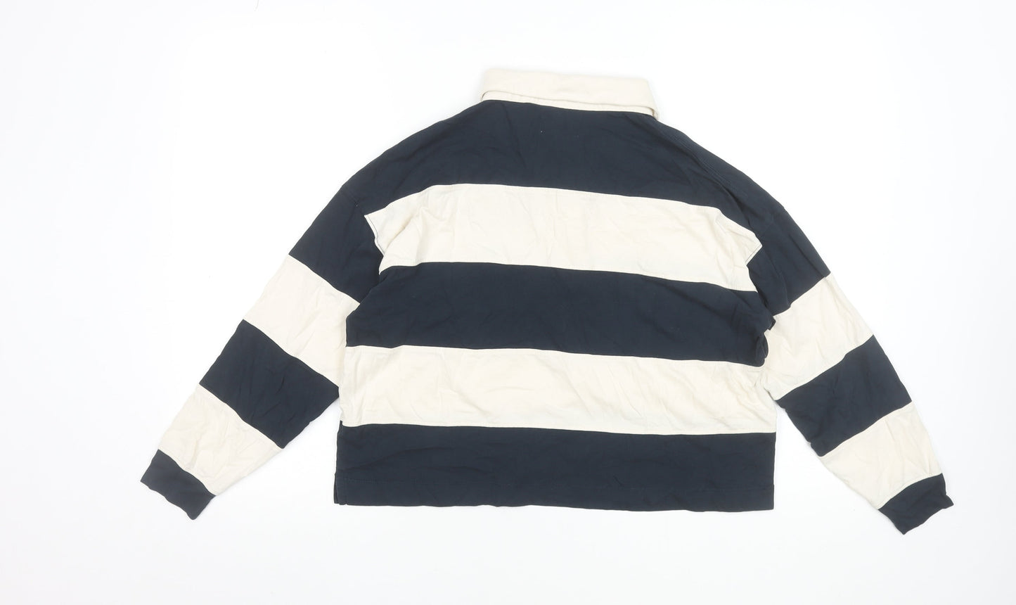 self. Women Blue Striped Collared Long Sleeve Cropped Polo Top Size 10