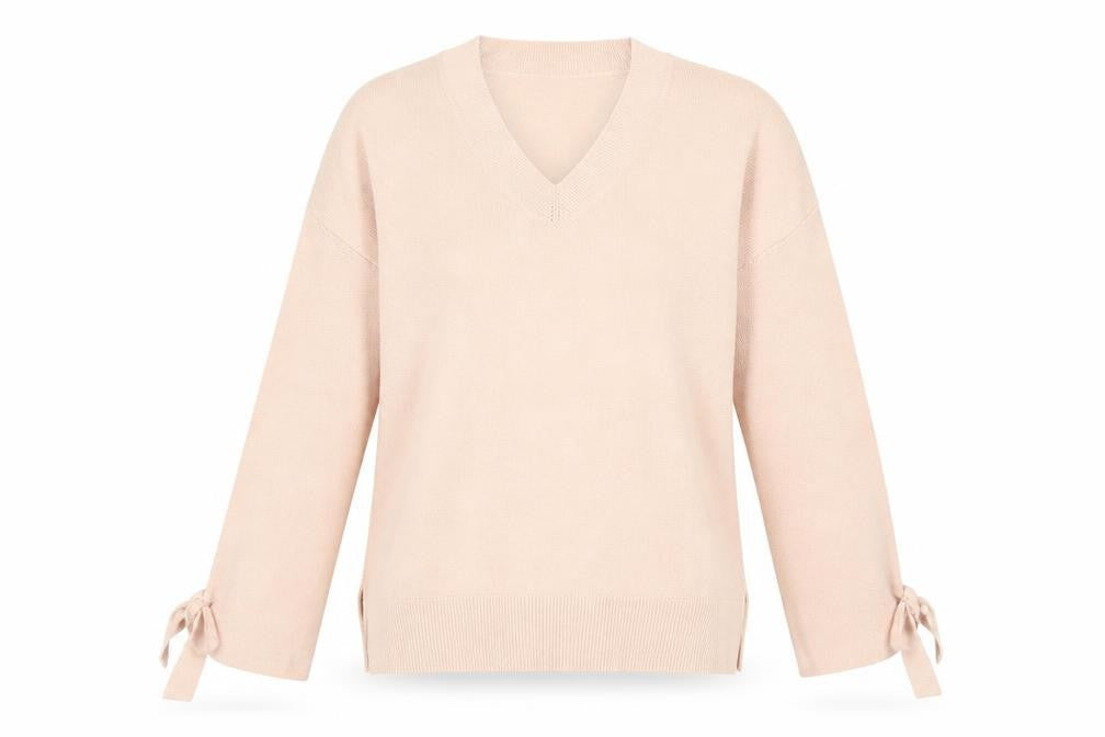 Marks & Spencer Women Beige V-Neck Bow Sleeve Knit Jumper Size 10 Petite