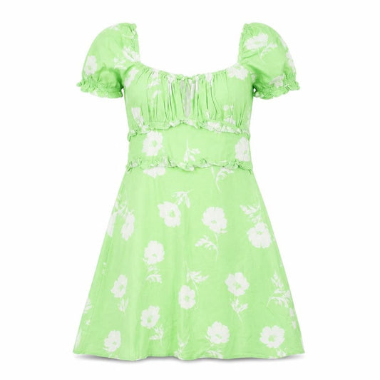 Front view of Miss Selfridge Women's Green Floral A-Line Puff Sleeve Dress, size 10