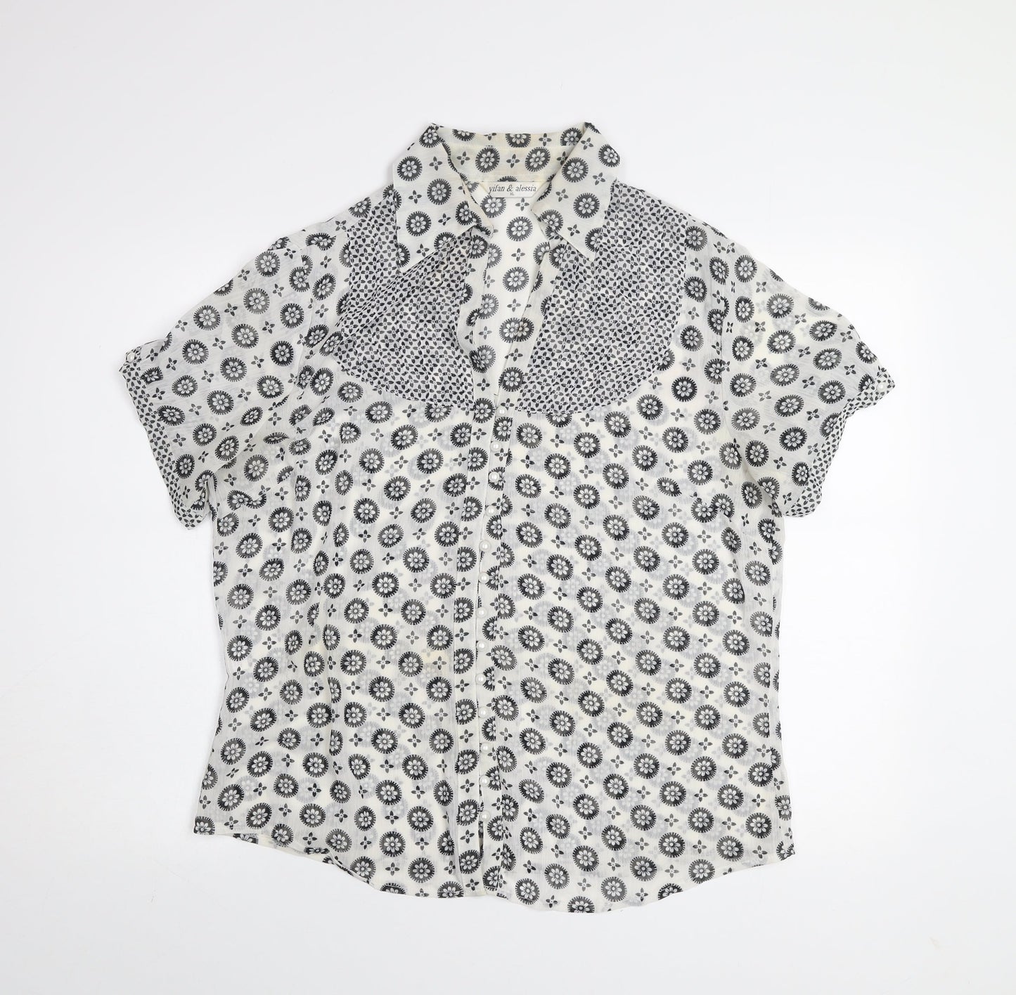 Yifan & Alessia Women’s White Floral Short Sleeve Button-Up Blouse XL
