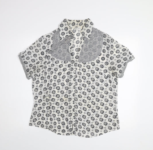 Yifan & Alessia Women’s White Floral Short Sleeve Button-Up Blouse XL