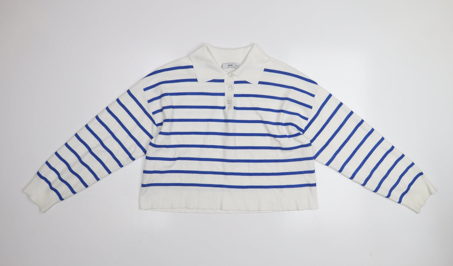 MNG Women's White Blue Striped Collared Henley Jumper Size M