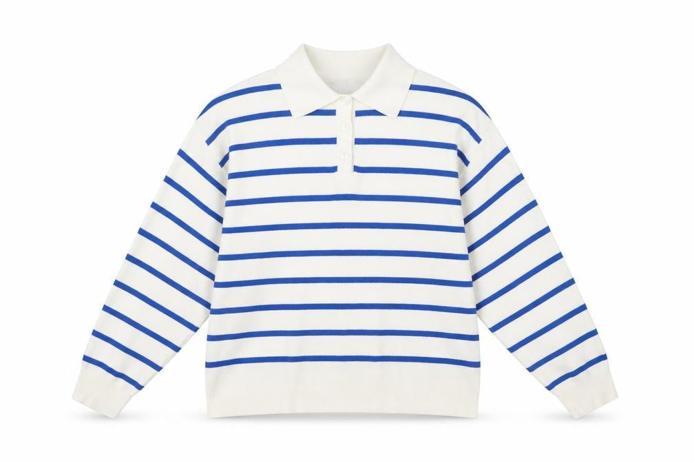 MNG Women's White Blue Striped Collared Henley Jumper Size M