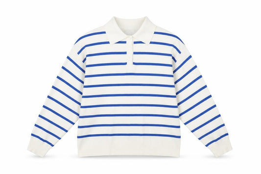 Mango Women's White Blue Striped Collared Henley Jumper Size M