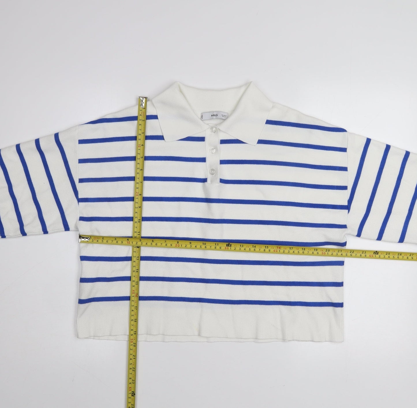 MNG Women's White Blue Striped Collared Henley Jumper Size M