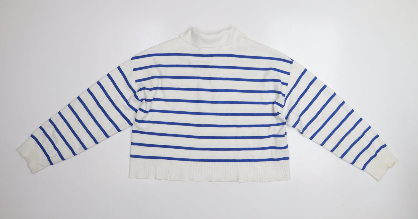 MNG Women's White Blue Striped Collared Henley Jumper Size M