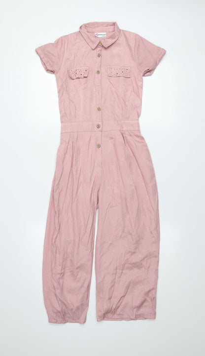 Peppermint Girls Pink Button Up Collared Jumpsuit 8-9 Years Cotton Blend