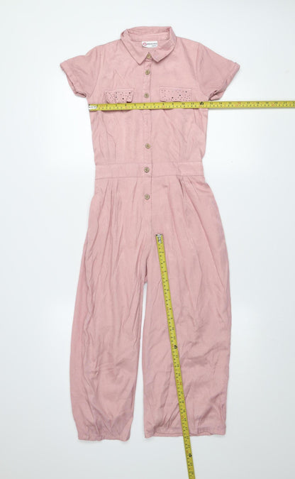 Peppermint Girls Pink Button Up Collared Jumpsuit 8-9 Years Cotton Blend