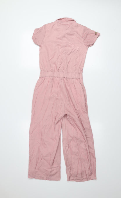 Peppermint Girls Pink Button Up Collared Jumpsuit 8-9 Years Cotton Blend