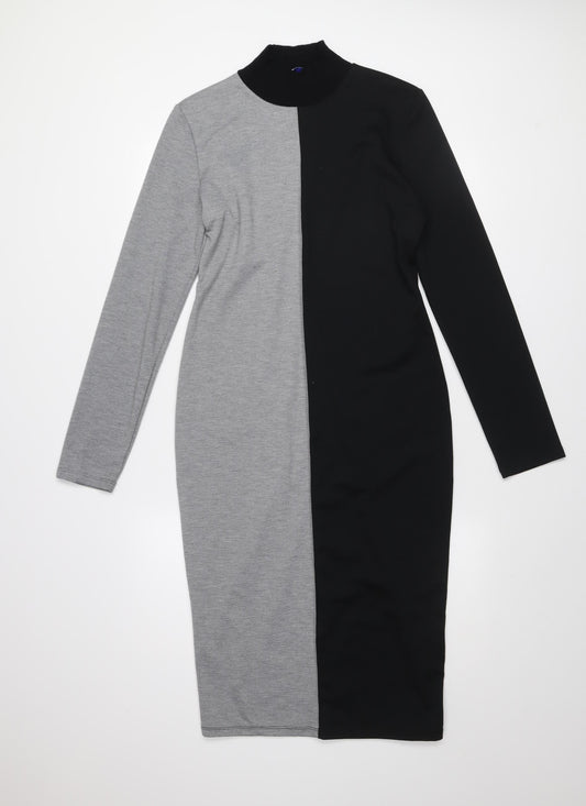 Zara Women Black Grey Colourblock Bodycon Midi Dress L