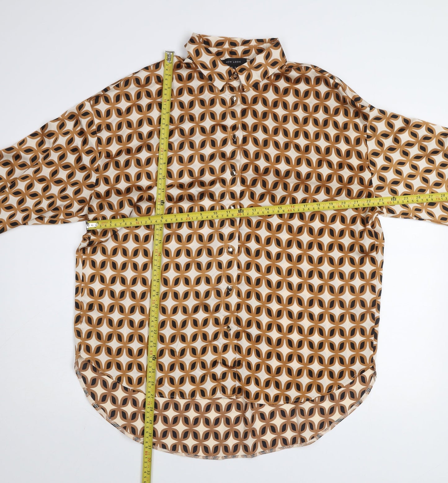 New Look Women's Beige Geometric Button-Up Blouse Size 12
