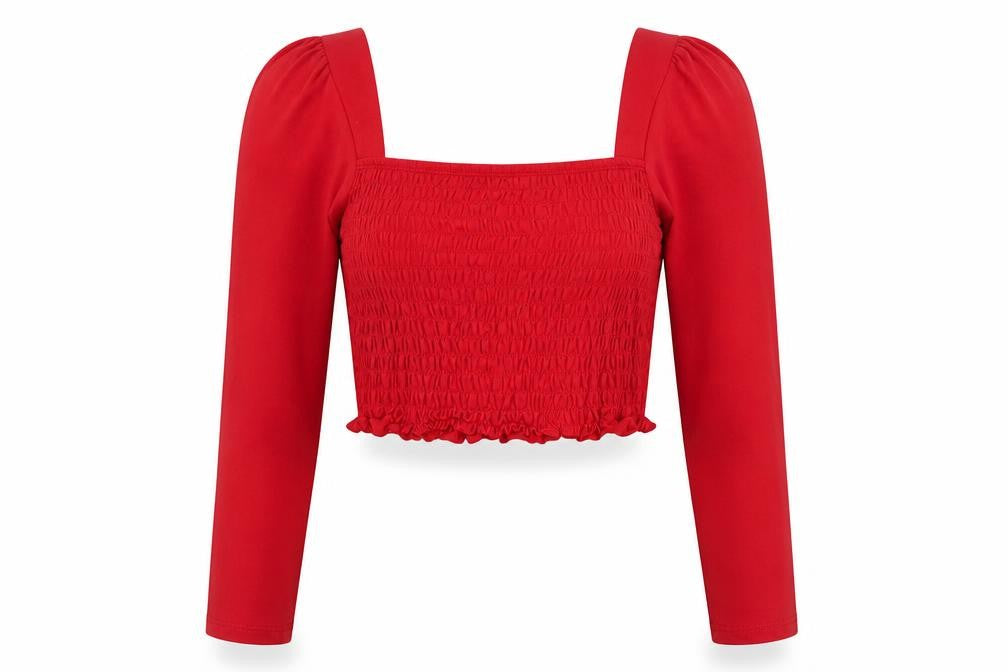 Topshop Women Red Cropped Long Sleeve Square Neck Jersey Blouse Size 12