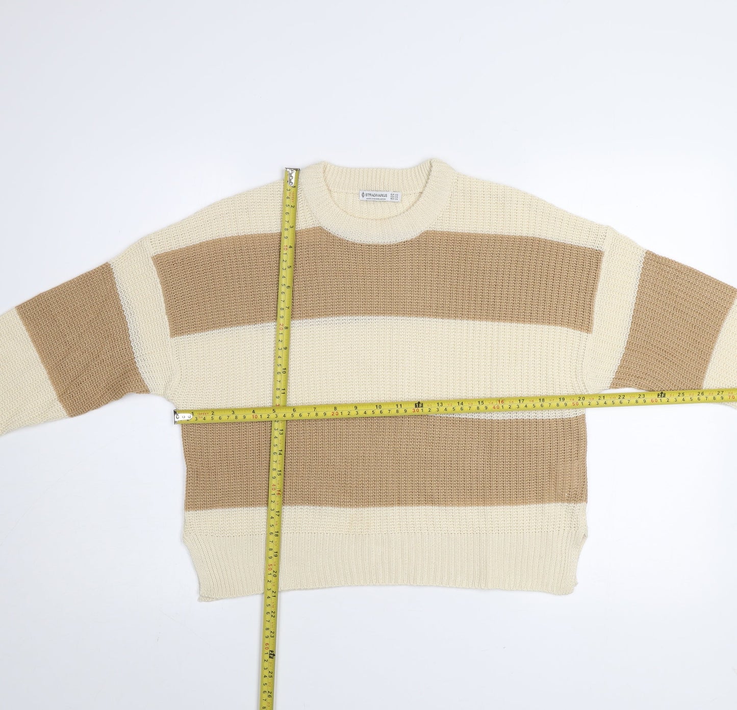 Stradivarius Women’s Beige Striped Chunky Knit Jumper XS