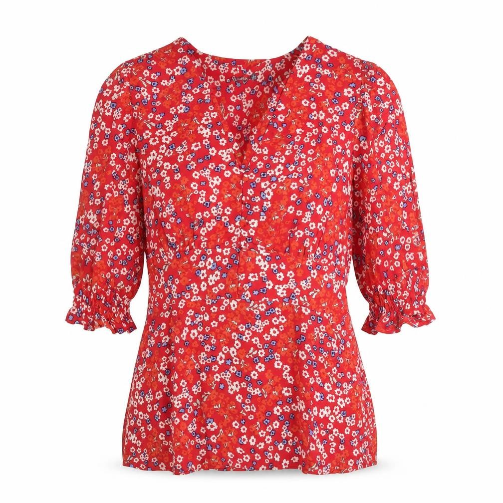 Dunnes Womens Red Floral V-Neck 3/4 Sleeve Tunic Blouse XS